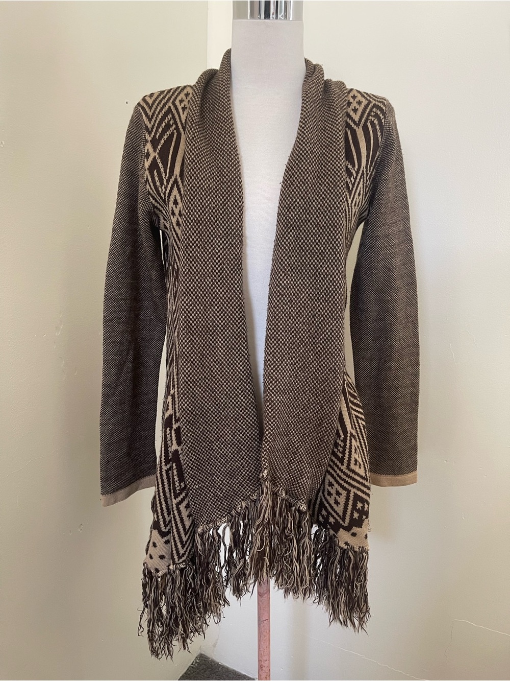 Fringed Open-Front Brown & Cream Patterned Cardigan